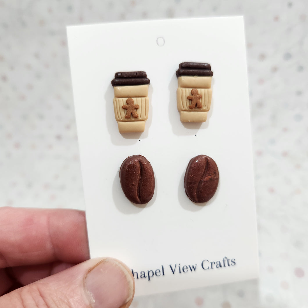 Latte Mug and Coffee Bean Stud Earring Set