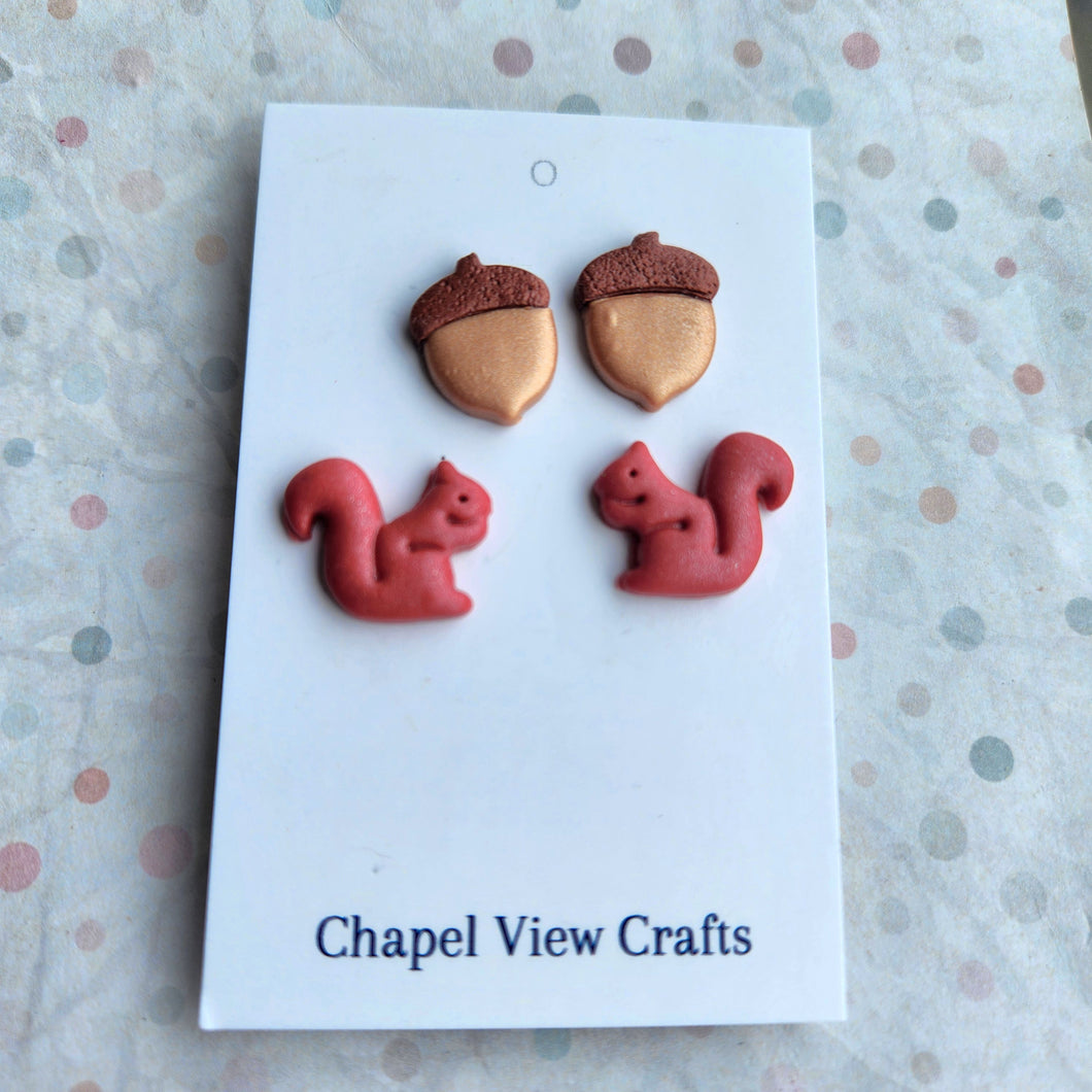 Acorn  and Red Squirrel Stud Earring Set