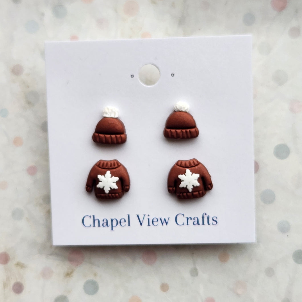 Hat and Jumper Earrings - Brown