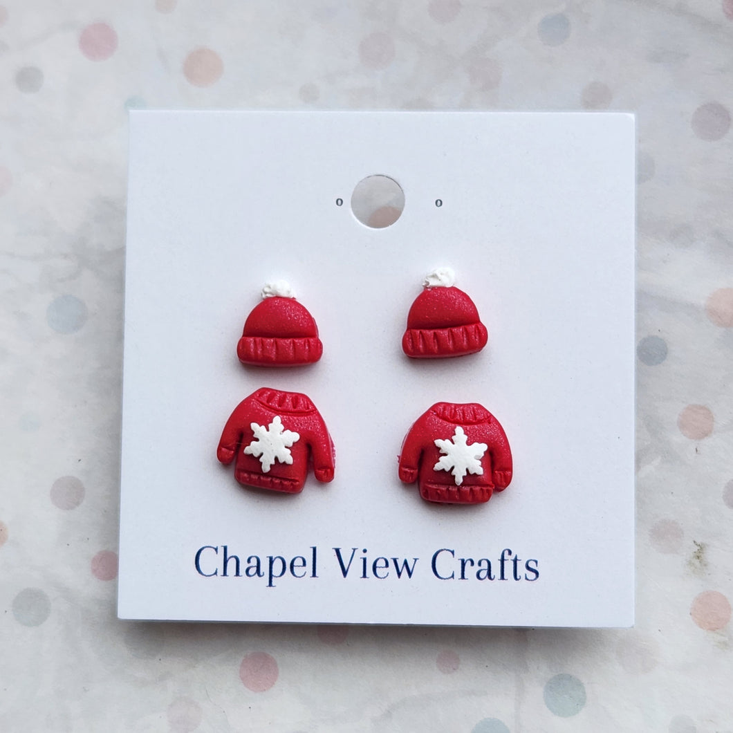 Hat and Jumper Earrings - Red